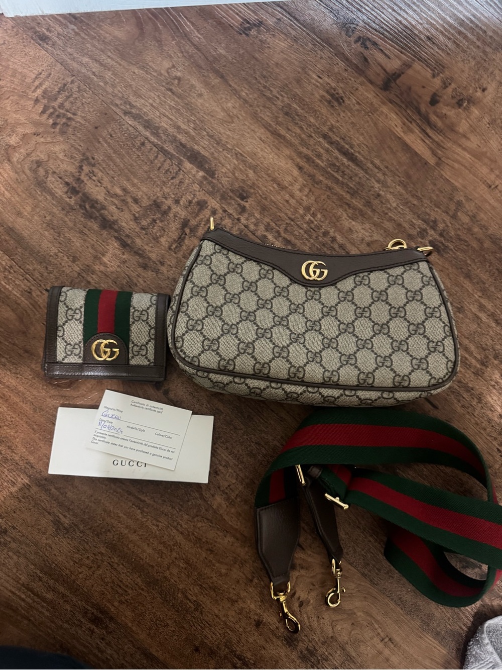 Gucci Beige GG Supreme Shoulder Bag with Brown Trim and Green/Red Strap